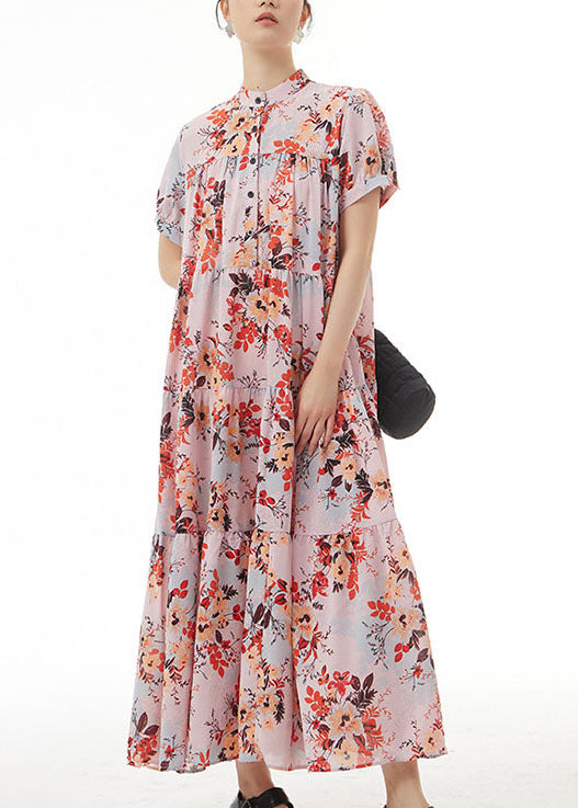 Elegant Pink Stand Collar Wrinkled Print Patchwork Chiffon Dress Summer LY1234