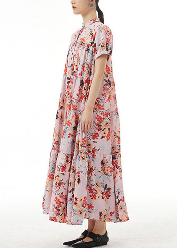 Elegant Pink Stand Collar Wrinkled Print Patchwork Chiffon Dress Summer LY1234