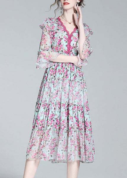 Elegant Purple V Neck Print Patchwork Tunic Silk Long Dress Long Sleeve LY1037