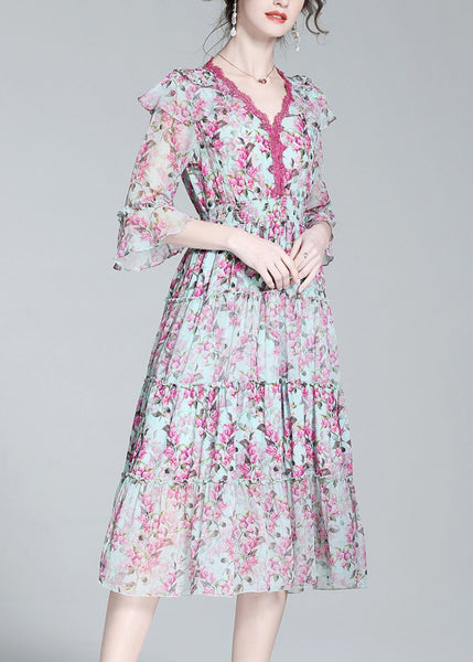 Elegant Purple V Neck Print Patchwork Tunic Silk Long Dress Long Sleeve LY1037