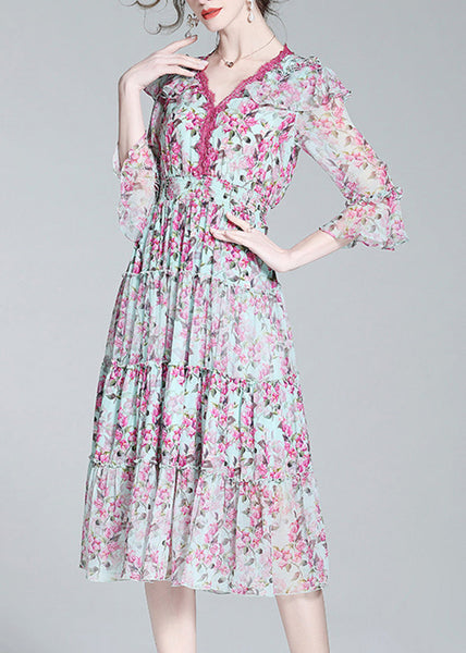 Elegant Purple V Neck Print Patchwork Tunic Silk Long Dress Long Sleeve LY1037