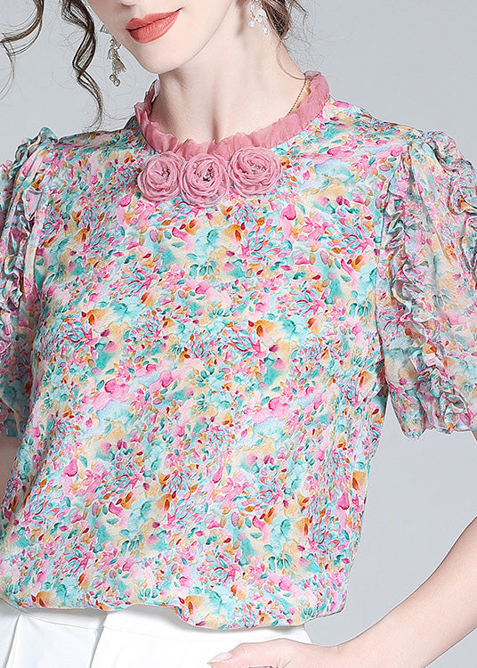 Elegant Ruffled Print Floral Button Silk Top Short Sleeve LY0092