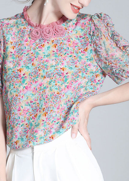 Elegant Ruffled Print Floral Button Silk Top Short Sleeve LY0092