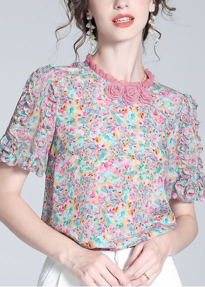 Elegant Ruffled Print Floral Button Silk Top Short Sleeve LY0092