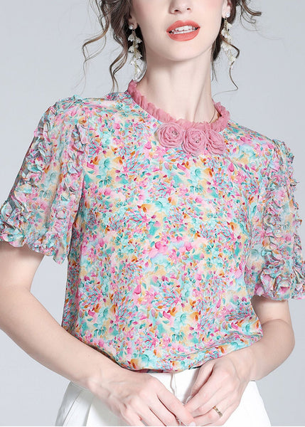 Elegant Ruffled Print Floral Button Silk Top Short Sleeve LY0092