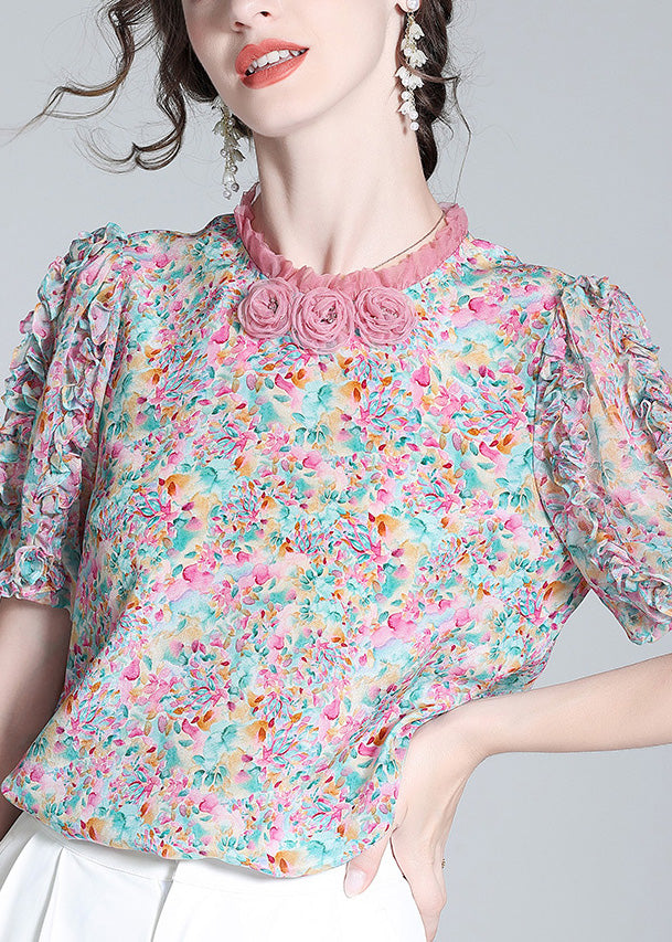 Elegant Ruffled Print Floral Button Silk Top Short Sleeve LY0092