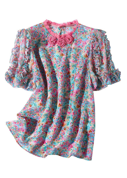 Elegant Ruffled Print Floral Button Silk Top Short Sleeve LY0092