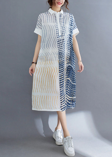 Elegant Striped Button Cotton Long Dress Short Sleeve AC2011