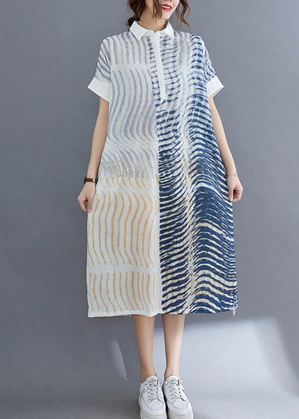 Elegant Striped Button Cotton Long Dress Short Sleeve AC2011