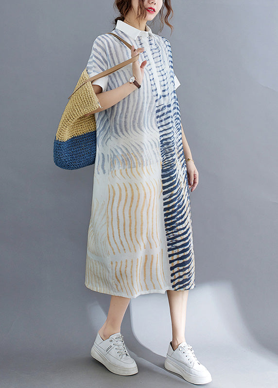 Elegant Striped Button Cotton Long Dress Short Sleeve AC2011