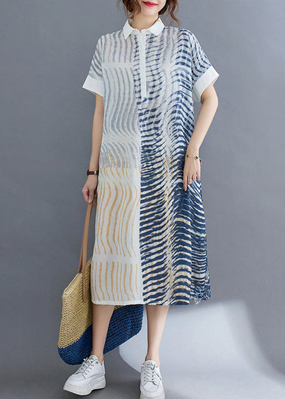 Elegant Striped Button Cotton Long Dress Short Sleeve AC2011