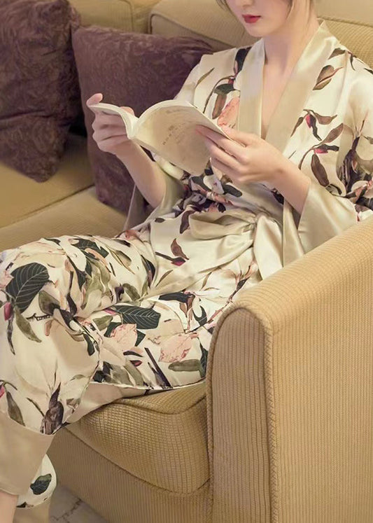 Elegant V Neck Print Tie Waist Ice Silk Pajamas Two Pieces Set Long Sleeve LY1875