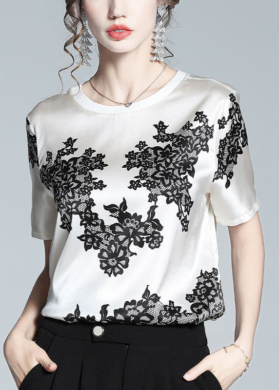 Elegant White O-Neck Print T Shirt Short Sleeve LY1044