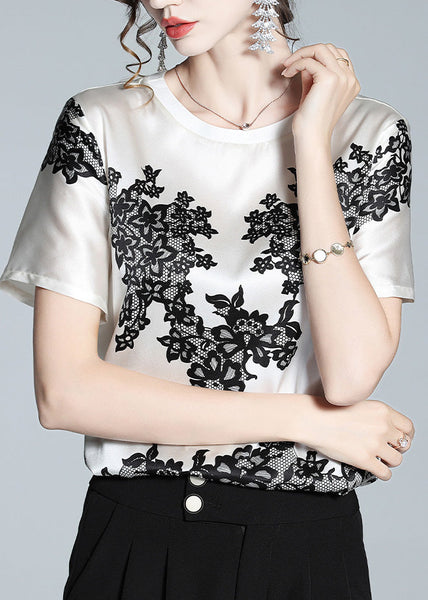 Elegant White O-Neck Print T Shirt Short Sleeve LY1044