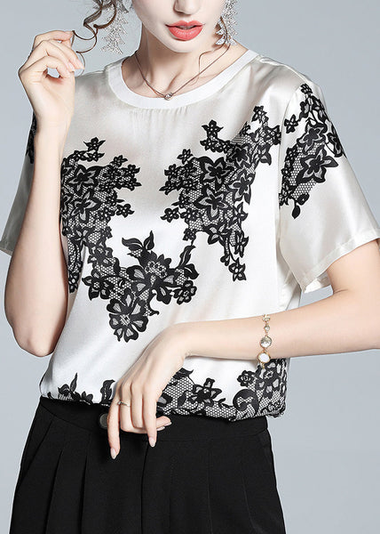 Elegant White O-Neck Print T Shirt Short Sleeve LY1044