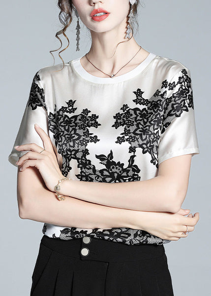 Elegant White O-Neck Print T Shirt Short Sleeve LY1044