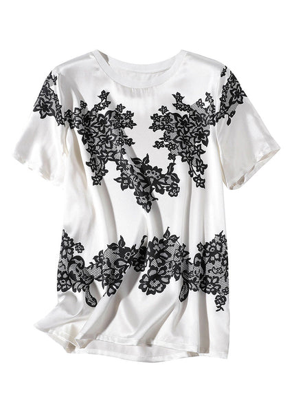 Elegant White O-Neck Print T Shirt Short Sleeve LY1044