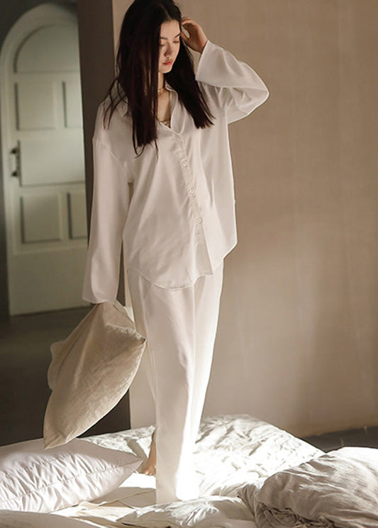 Elegant White Peter Pan Collar Button Solid Ice Silk Pajamas Two Piece Set Spring LY1907