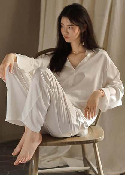 Elegant White Peter Pan Collar Button Solid Ice Silk Pajamas Two Piece Set Spring LY1907