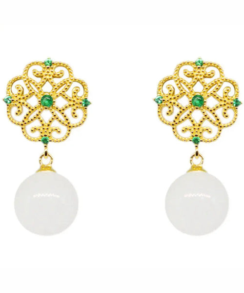 Elegant White Sterling Silver Overgild Jade Clover Hollow Out Drop Earrings Ada Fashion