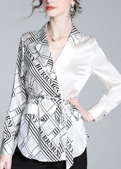 Elegant White V Neck Patchwork Print Tie Waist Silk Shirt Long Sleeve LY0090