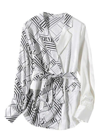 Elegant White V Neck Patchwork Print Tie Waist Silk Shirt Long Sleeve LY0090