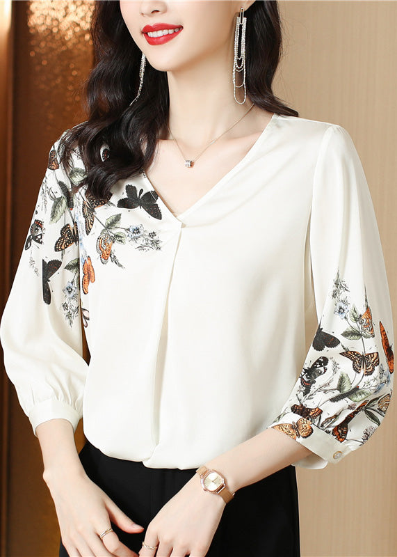 Elegant White V Neck Print Silk Top Long Sleeve LY0407