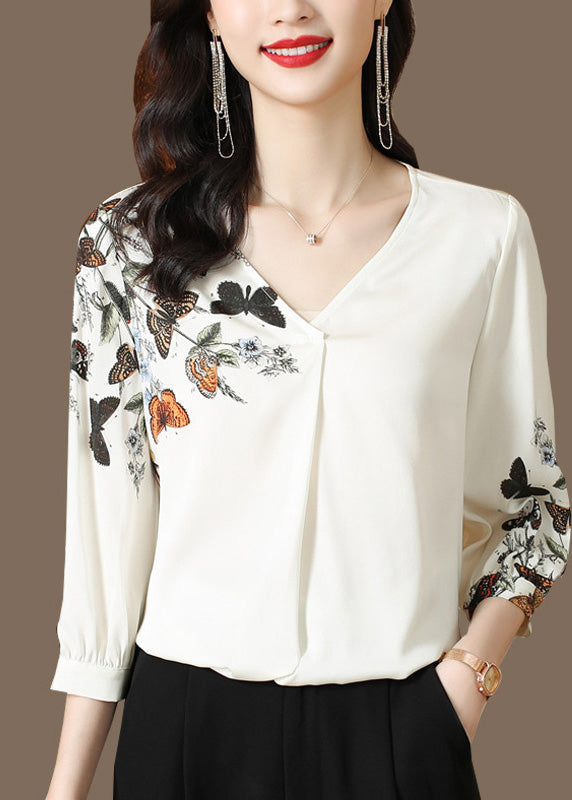 Elegant White V Neck Print Silk Top Long Sleeve LY0407