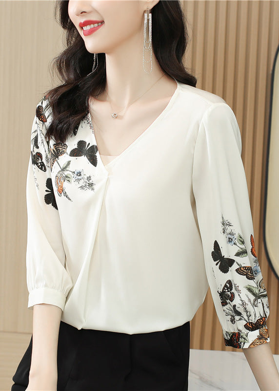 Elegant White V Neck Print Silk Top Long Sleeve LY0407