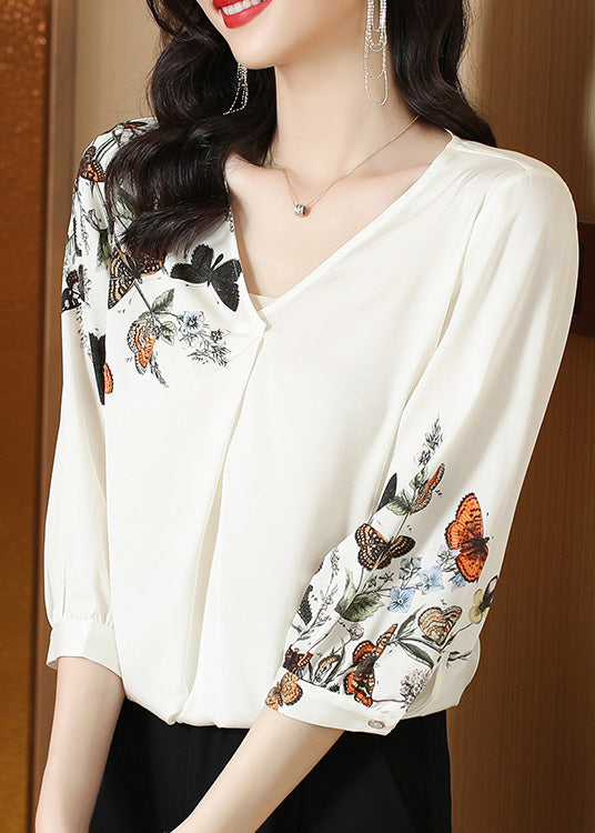 Elegant White V Neck Print Silk Top Long Sleeve LY0407