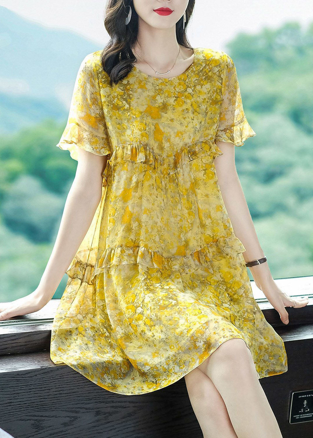 Elegant Yellow O-Neck Patchwork Ruffles Print Chiffon Holiday Dress Summer FR2028