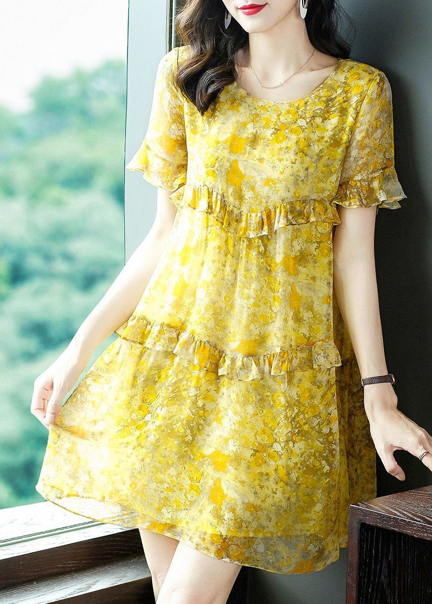 Elegant Yellow O-Neck Patchwork Ruffles Print Chiffon Holiday Dress Summer FR2028