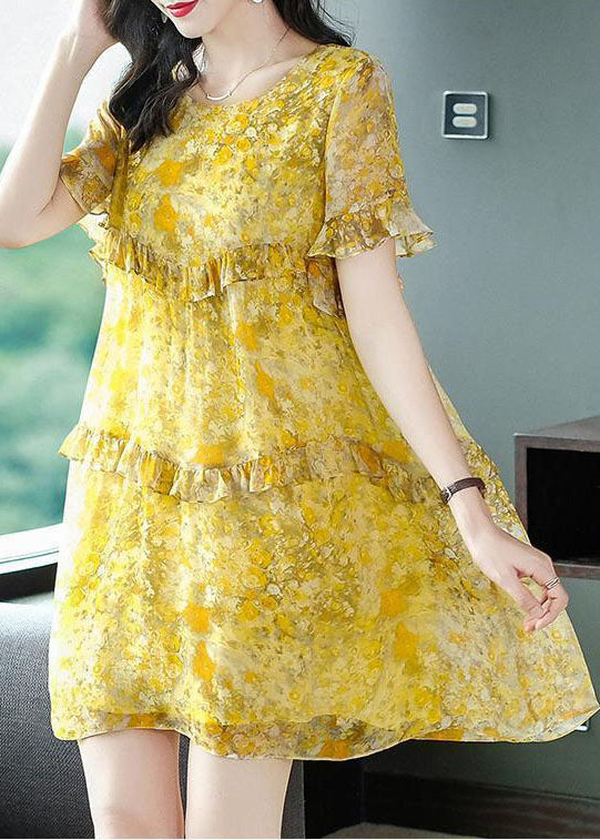 Elegant Yellow O-Neck Patchwork Ruffles Print Chiffon Holiday Dress Summer FR2028