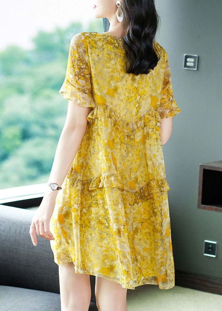 Elegant Yellow O-Neck Patchwork Ruffles Print Chiffon Holiday Dress Summer FR2028