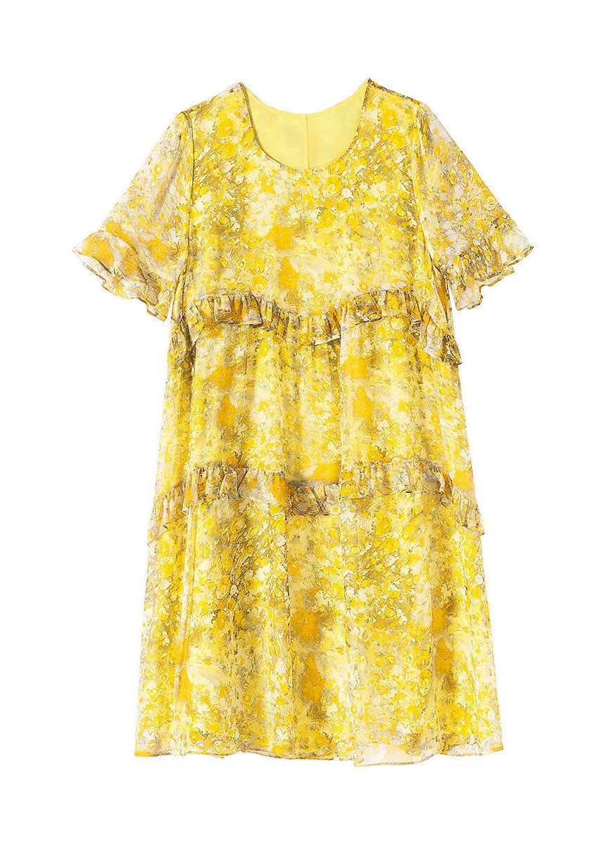 Elegant Yellow O-Neck Patchwork Ruffles Print Chiffon Holiday Dress Summer FR2028