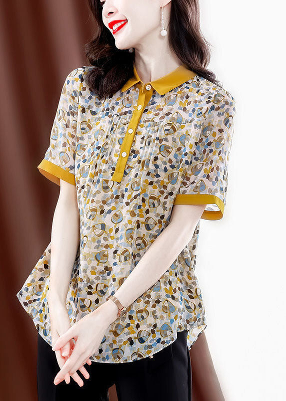 Elegant Yellow Peter Pan Collar Print Wrinkled Chiffon Blouses Summer TH1021