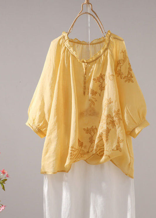 Elegant Yellow Ruffled Patchwork Linen T Shirt Tops Summer LY0615