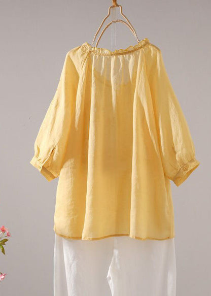 Elegant Yellow Ruffled Patchwork Linen T Shirt Tops Summer LY0615