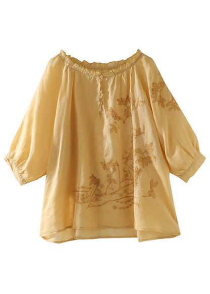 Elegant Yellow Ruffled Patchwork Linen T Shirt Tops Summer LY0615