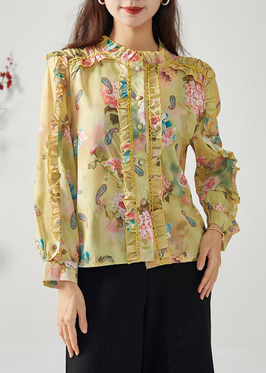 Elegant Yellow Ruffled Patchwork Print Chiffon Top Spring LC0387