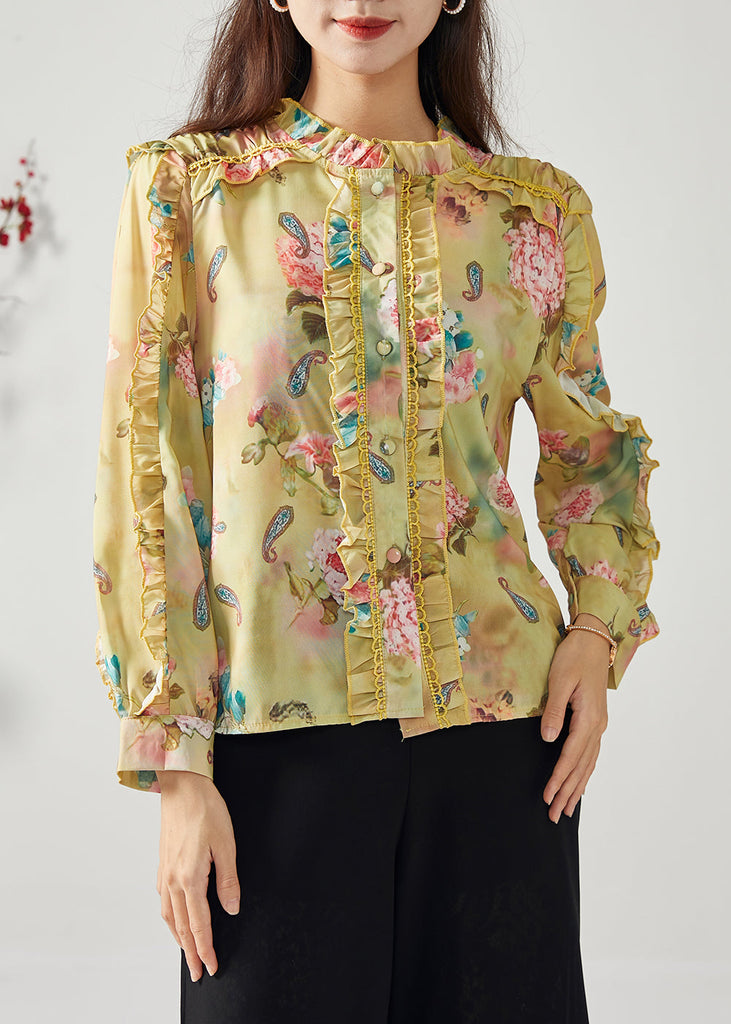 Elegant Yellow Ruffled Patchwork Print Chiffon Top Spring LY1117