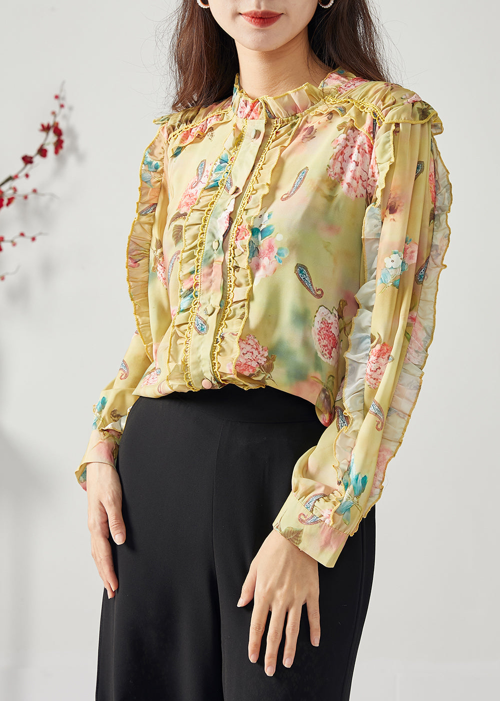 Elegant Yellow Ruffled Patchwork Print Chiffon Top Spring LY1117