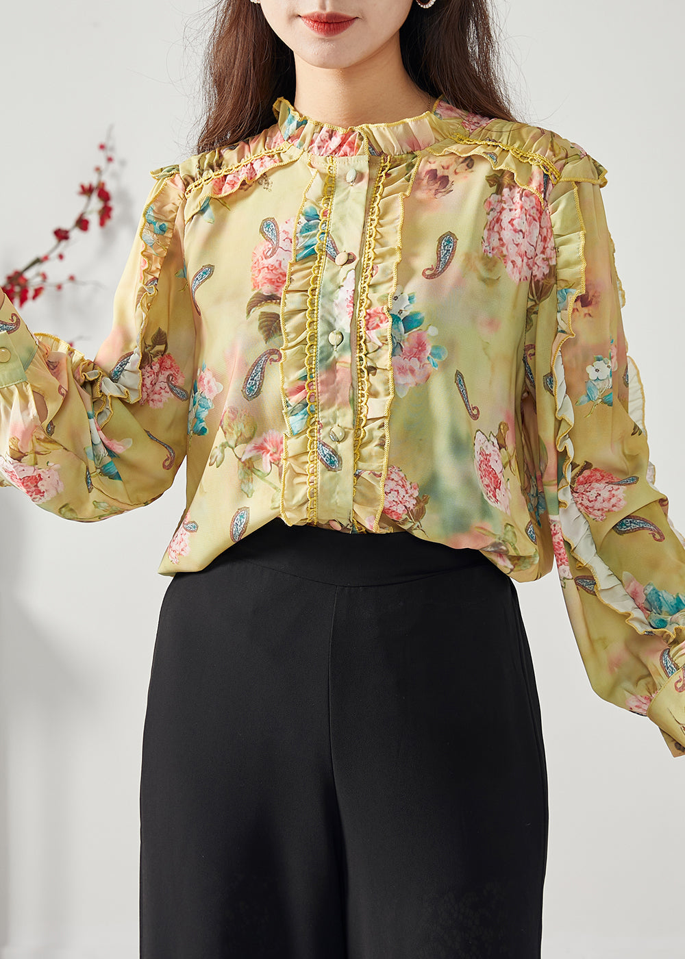 Elegant Yellow Ruffled Patchwork Print Chiffon Top Spring LY1117