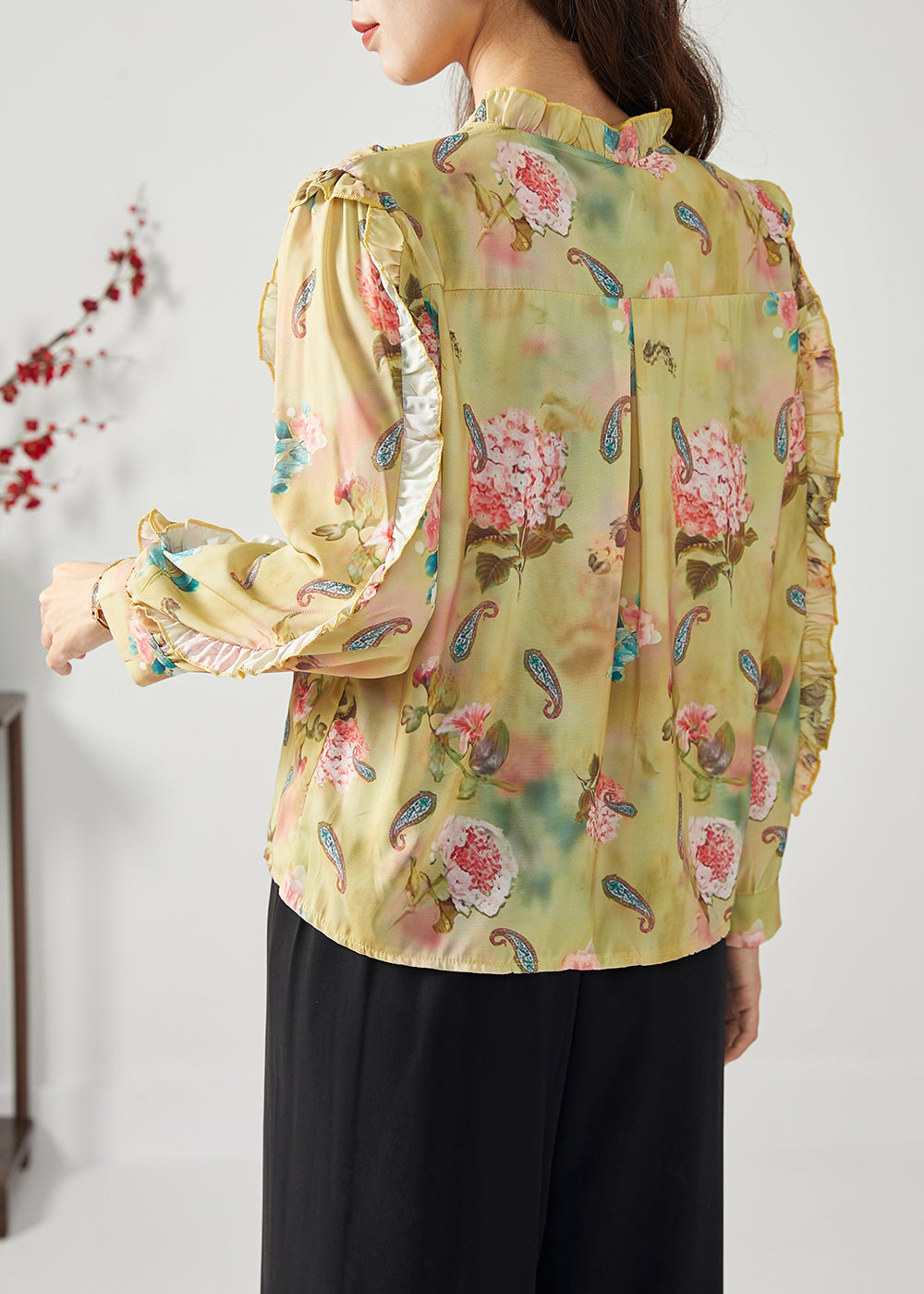 Elegant Yellow Ruffled Patchwork Print Chiffon Top Spring LY1117