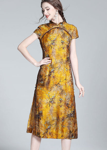 Elegant Yellow Stand Collar Patchwork Side Open Silk Dress Summer LY0146