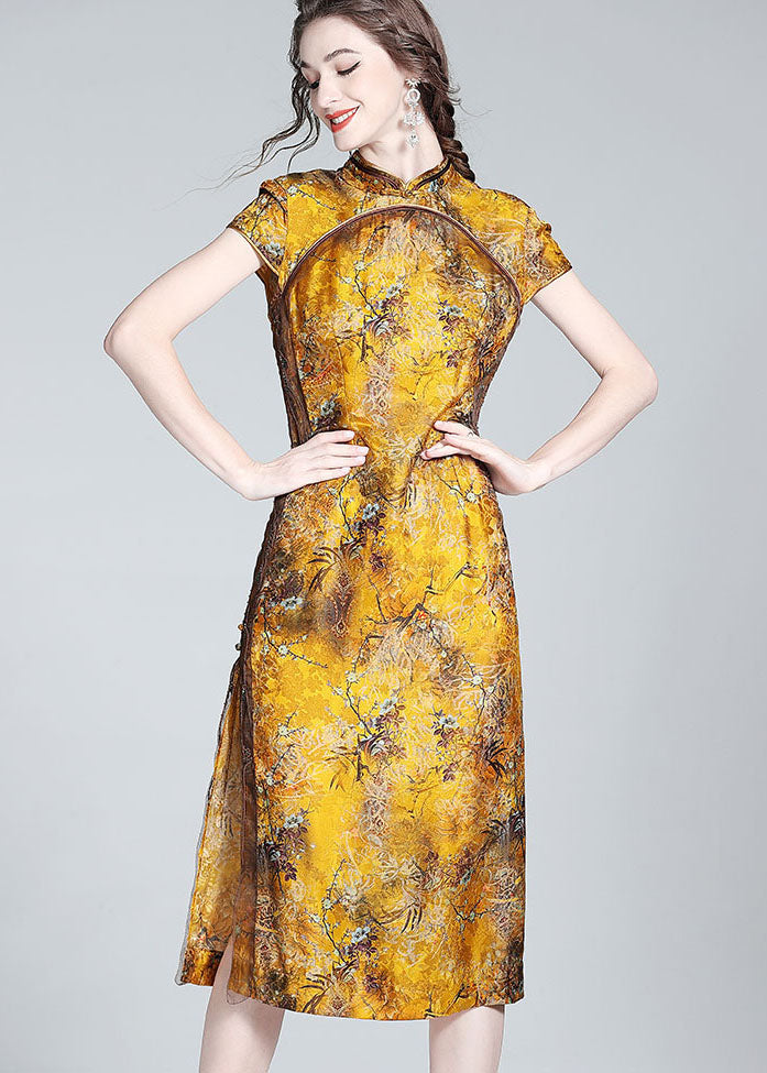 Elegant Yellow Stand Collar Patchwork Side Open Silk Dress Summer LY0146