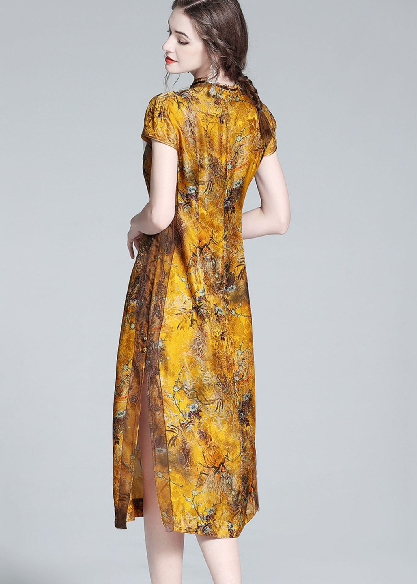 Elegant Yellow Stand Collar Patchwork Side Open Silk Dress Summer LY0146