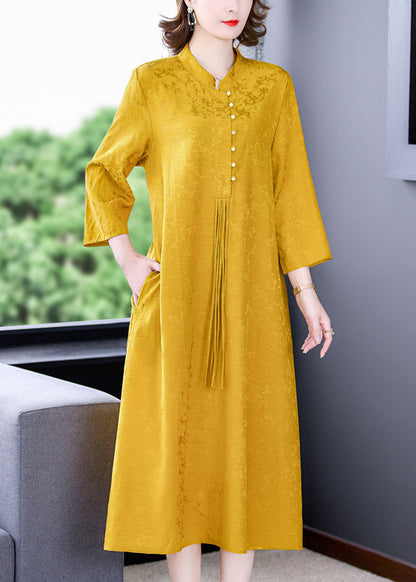 Elegant Yellow Stand Collar Tassel Button Silk Long Dresses Long Sleeve AC2048