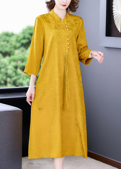 Elegant Yellow Stand Collar Tassel Button Silk Long Dresses Long Sleeve AC2048