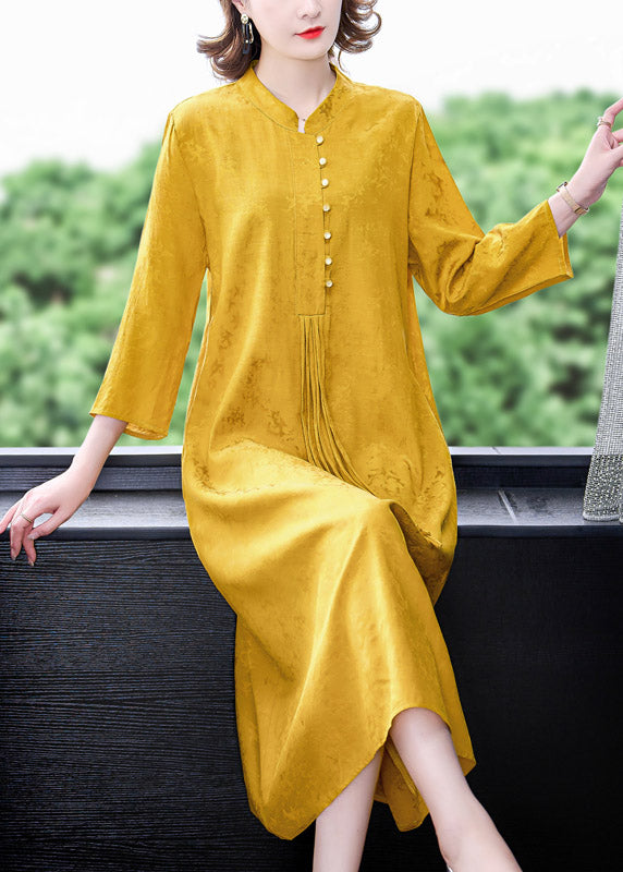 Elegant Yellow Stand Collar Tassel Button Silk Long Dresses Long Sleeve AC2048